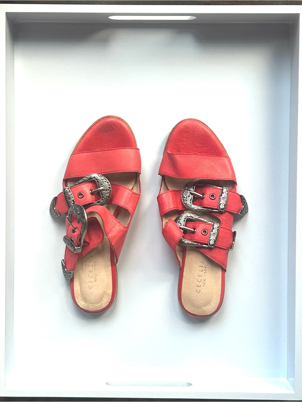 CECELIA NEW YORK Red Triple-Buckle Slide Sandals